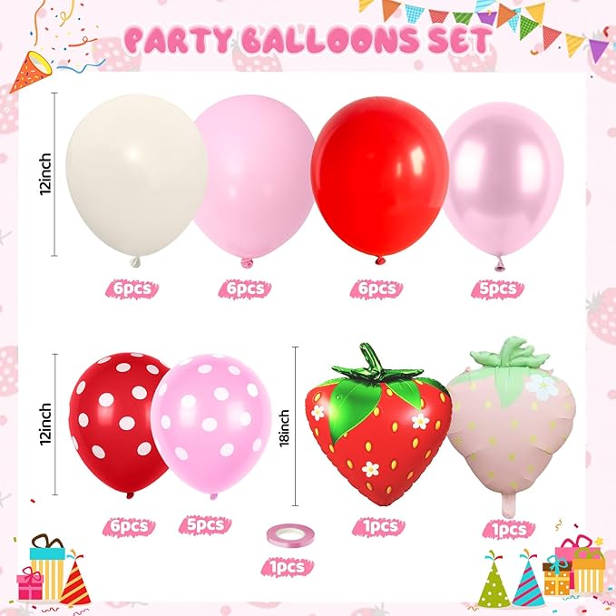 Strawberry Balloon, 12 Inch Strawberry's Party Decorations with Red Pink Ivory White Polka Dots Balloons Strawberry Foil Balloon for Sweet One Berry First Birthday Cake Party Supplies