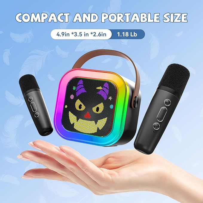 Mini Karaoke Machine with 2 Wireless Microphone for Kids Girls & Boys - Portable Bluetooth Speaker Kids Gifts for Girls Ages 4-12 Year Old Black Monster Style