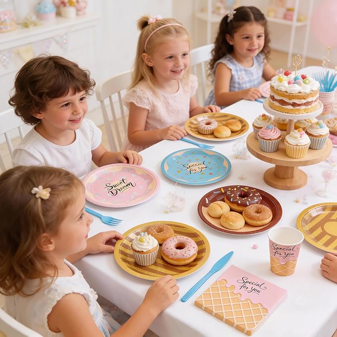 144Pcs Donut Sweet Birthday Party Supplies Decorations Girl Birthday Themed Paper Plates Napkins Vintage Party Tableware Disposable Dinnerware for Girl Kid Baby Shower Table Decor, Serve 24