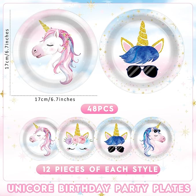 48PCS Unicorn Birthday Party Decorations Unicorn Paper Plates Tableware Set Rainbow Cake Plates Supplies Disposable Dessert Plate for Girls Boys Kids Unisex Unicorn Party Baby Shower Favors 6.7inch