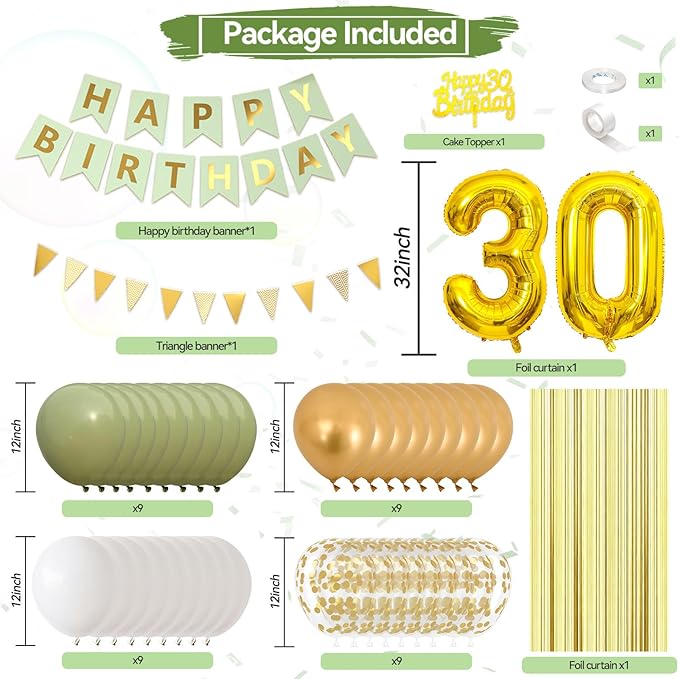 30th Birthday Decorations for Men Women, sage green Happy Birthday Party Decorations With gold Number 30 Balloons Gold Confetti Balloons Fringe Curtain Cake Topper For 30th Party Supplies