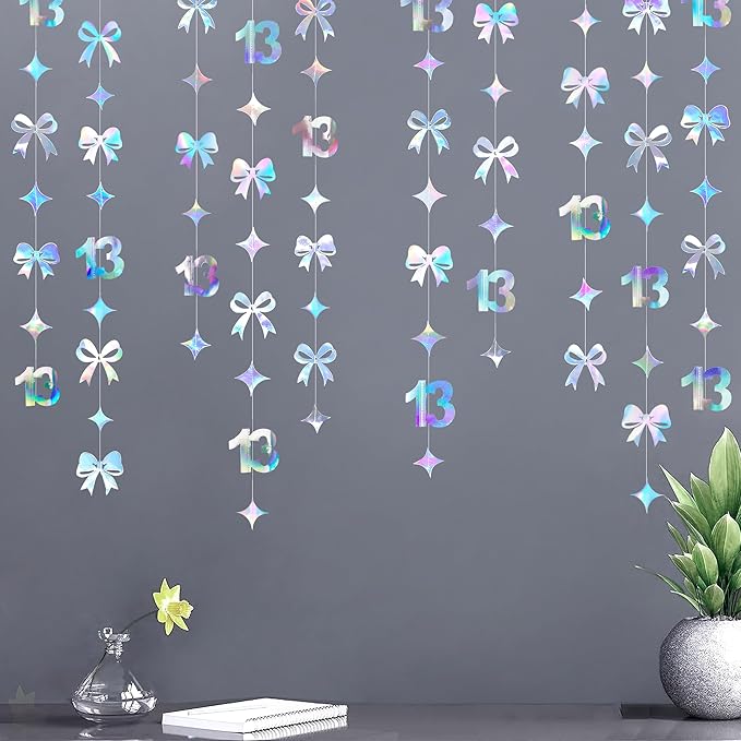 Iridescent 13th Bow Birthday Decorations Glitter Conquette Bow Garland Streamer Banner Backdrop for Girls Boys Happy 13th Birthday Official Teenager Cheers to 13 Years Old Anniversary Party Supplies