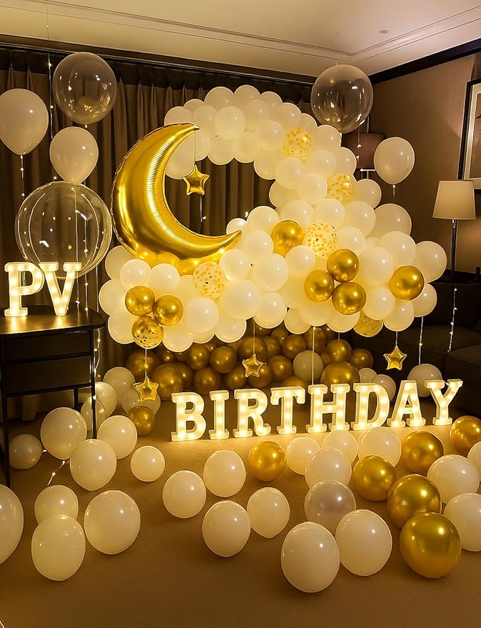 White and Gold Party Decorations, Gold White Balloons Moon Star Foil Balloons, LED String Lights Decoration for Boys Girls Baby Shower Twinkle Twinkle Little Star Gender Reveal Party Supplies