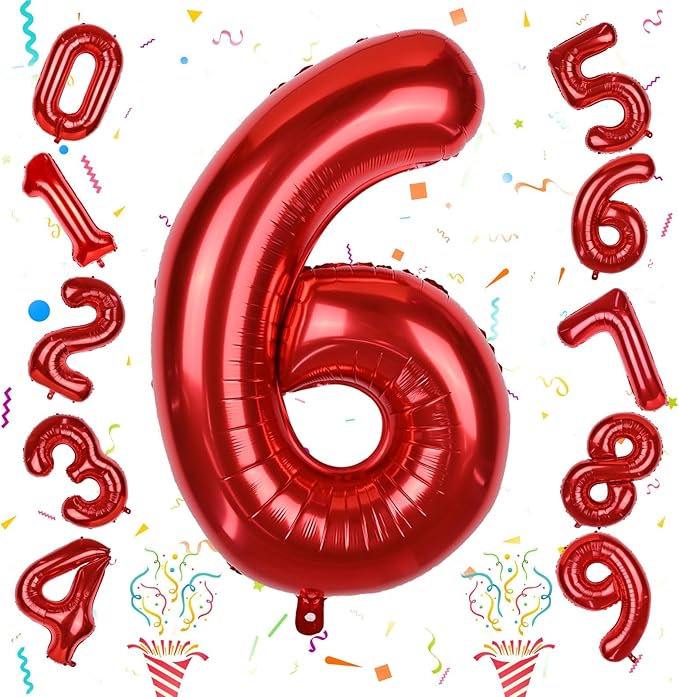 Large Number Balloons 6 for Boys, Red 40 Inch Foil Self Inflating Number 6 Balloon for Women Men 60th 25th Birtyday Party Anniversary Graduation Party 0-9 Set Balloons Decorations Supplies