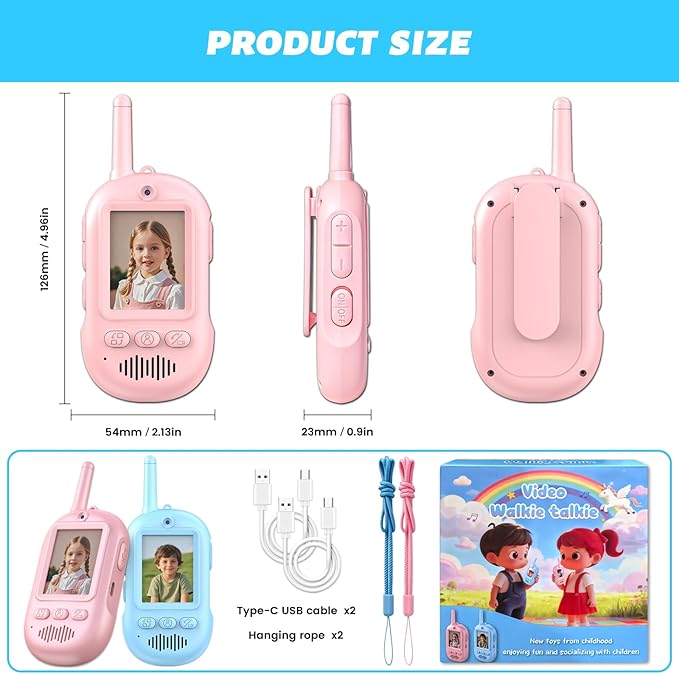 Video Walkie Talkies for Kids, 2 Pack Rechargeable Long Range Video Kids Walkies Talkies with Voice Changer, Outdoor Camping Hiking Indoor Play Toys Birthday for Boys and Girls Ages 3-12