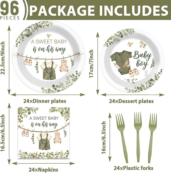 96Pcs Greenery Baby Shower Plates and Napkins Decoration Sage Green Baby Boy Party Tableware Dinnerware Set A Sweet Boy Is On His Way Paper Plates for Gender Reveal Party Supplies Serves 24 Guests