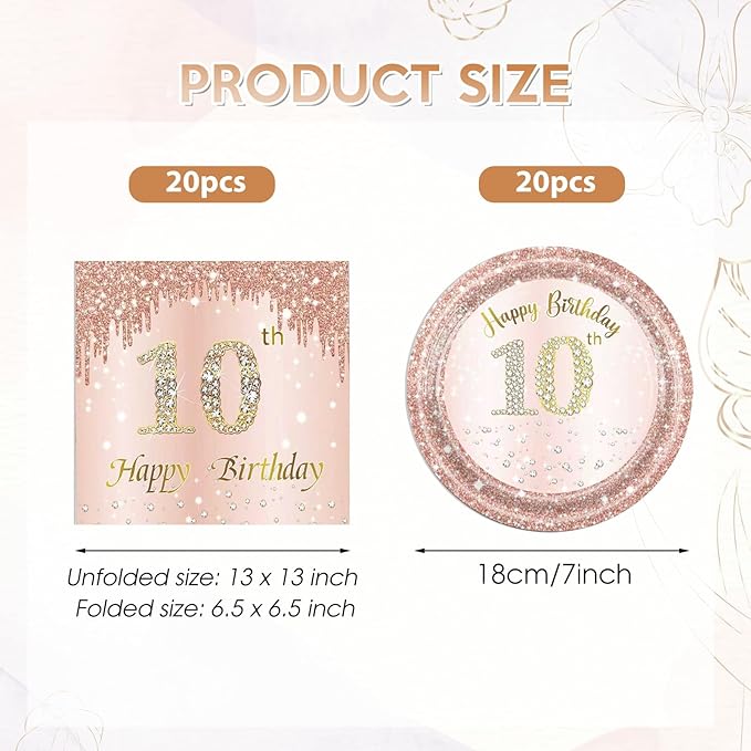 40PCS 10th Birthday Decorations for Happy 10 Years Party Tableware Set Including 10th Birthday Party Plates and Napkins,Rose Gold 10 Years Old Table Decor for Girls Pink Rose Gold Party Supplies