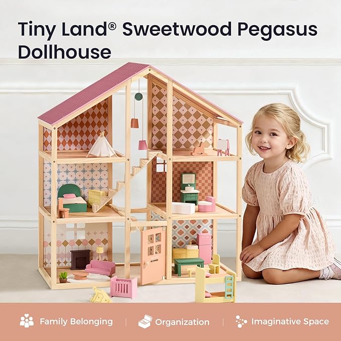 Tiny Land Wooden Dollhouse for Girls - 6 Rooms Wooden Doll House, DIY Pretend Doll House with 31Pcs Furniture Accessories, Creative Gift for Girl Ages 3+ (Dusty Pink)