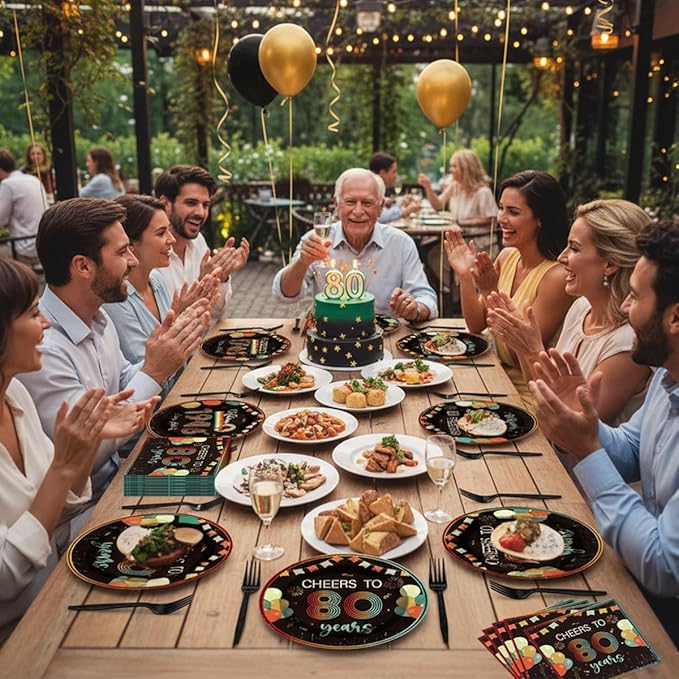 96Pcs Vintage 80th Birthday Decorations Tableware Set Back in 1946 Paper Plates Napkins Forks Cheers to 80 Years Disposable Tableware Decor for Women Men 80th Birthday Party Favor Serve 24 Guests