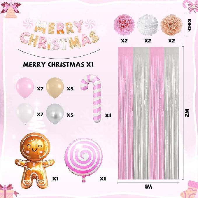 Pink White Christmas Decorations,Merry Christmas Decor Banner Paper Pompoms Fringe Curtain Backdrop Xmas Foil Balloons Latex Balloon for Indoor Outdoor Decorations