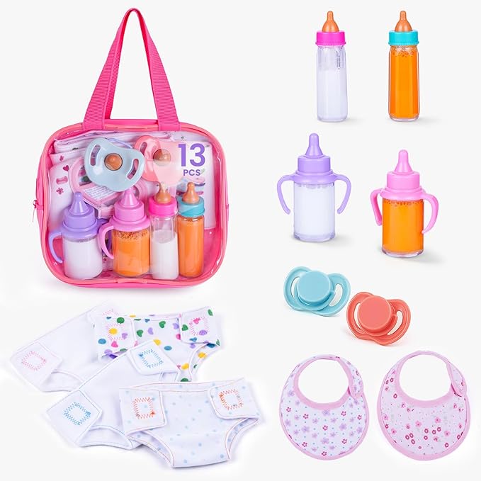 BABESIDE Baby Doll Accessories – 13 Pcs Feeding Set with Magic Bottles, Pacifiers, Bibs, Diapers & Carry Bag, Pretend Play Kit for 12–15 Inch Dolls