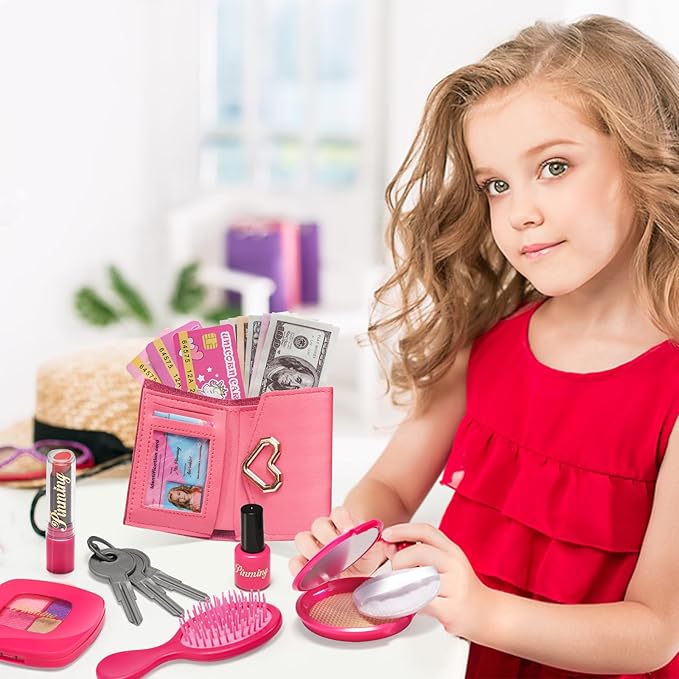 Little Girls Purse, Pretend Play Makeup Kit for Toddler 3-5 4-6, Kids Purses with Accessories, Pink Handbag, Princess Kit and Fake Make up, Toddler Girl Toys Gifts for 3 4 5 6 Year Old