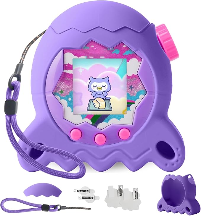 Silicone Case for Tamagotchi Paradise Electronic Pet, Protective Cover with Screen Protector and Lanyard for Tamagotchi Paradise Accessories(Purple)