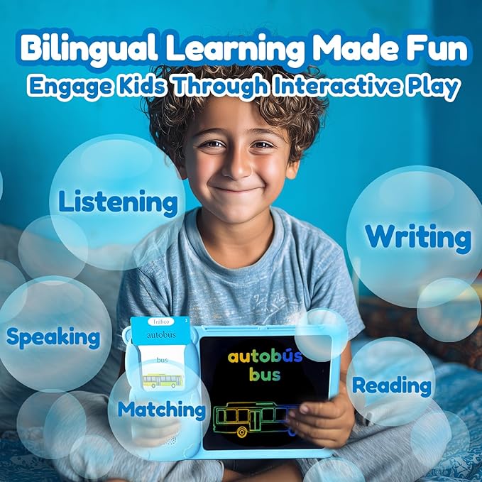 Drawing Tablet with Bilingual Flashcards for Kids - Spanish English Talking Flash Cards, LCD Writing Pad Board, Pocket Speech for Toddlers, Learning Toy Gift for Boys Girls (Spanish, Blue)