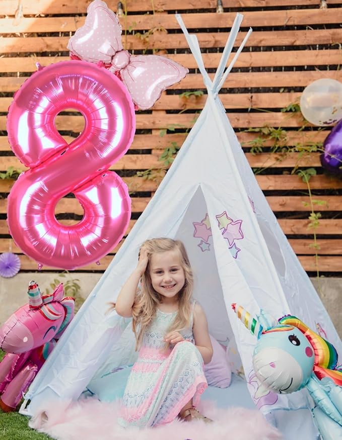 40 Inch Pink Number 8 Balloon with Mini Bow Balloon for Girls 8th Birthday Decorations, Pink Girl Princess Western Cowgirl Theme Birthday Party Balloons Decorations Supplies Favors
