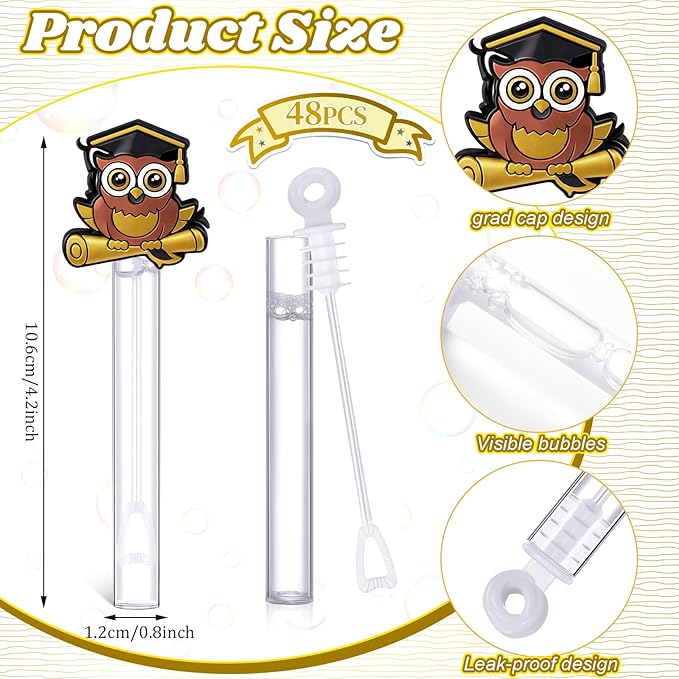 48 Pcs 4.2'' Mini Bubble Wands Bubbles Party Favors Birthday Party Supplies Favor Decorations for Gift Back to School Goodie Bag, Contains Liquid (Owl Bachelors Cap)