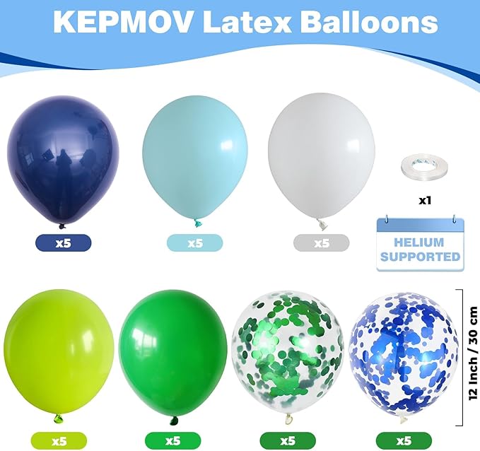 Blue and Green Balloons, 12 Inch Dinosaur Balloons, Navy Blue Dark Fruit Green White Teal Latex Balloon Set with Confetti Balloon for Boys Dinosaur Birthday Football Video Game Jungle Dino Theme Party