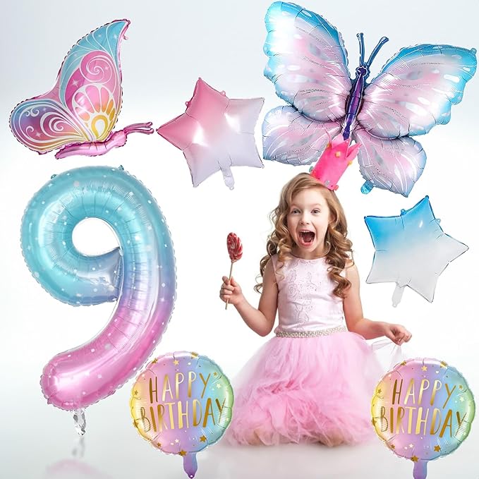 Butterfly Balloons, 9th Butterfly Birthday Decorations for Girls, Fantasy Giant Number 9 Butterfly Foil Balloons Birthday Party Supplies, Aluminum Film Girl Birthday Party Balloons Decoration