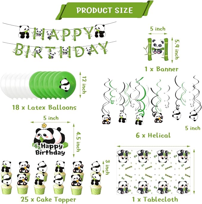 65pcs Cute Panda Birthday Party Supplies Set Panda Birthday Banner Hanging Spiral, Cake Toppers,Balloons Tablecloth Baby Shower Panda Party Decorations