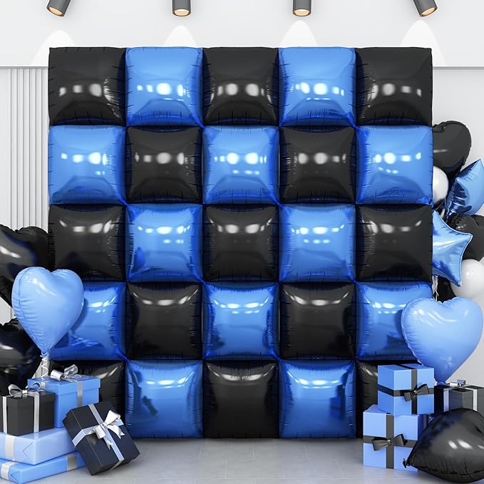 Black Blue Square Foil Balloon Wall,25Pcs Double Sided Foil Balloons Backdrop Helium Polyester Tunnel Arch Garland Kit for Birthday Bridal Anniversary Baby Shower Party Decorations