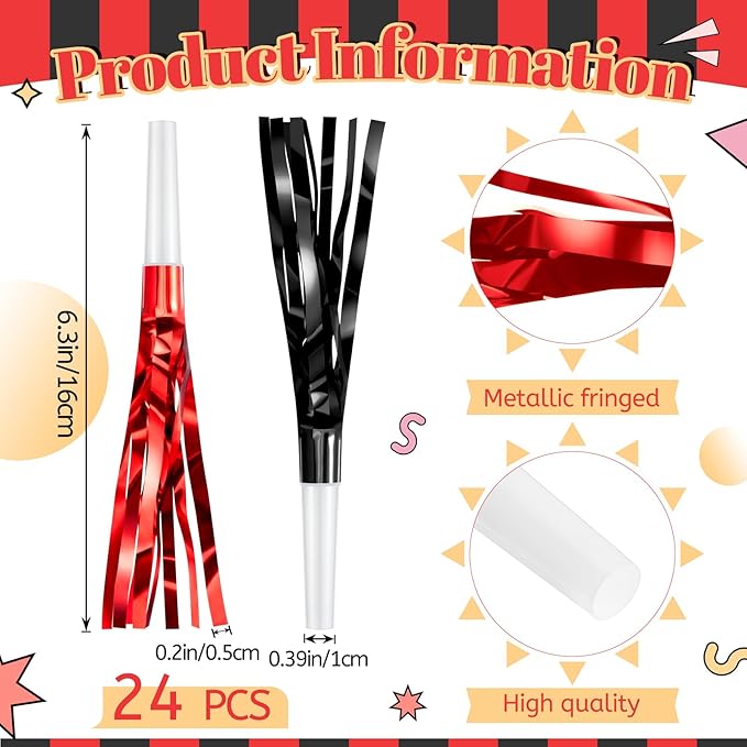 Sumind 24 Pcs Black and Red Noise Makers Glitter Noise Makers Metallic Fringed Party Blowers for Adults Birthday Graduation Sporting Events 2026 New Years Party Favor Supplies