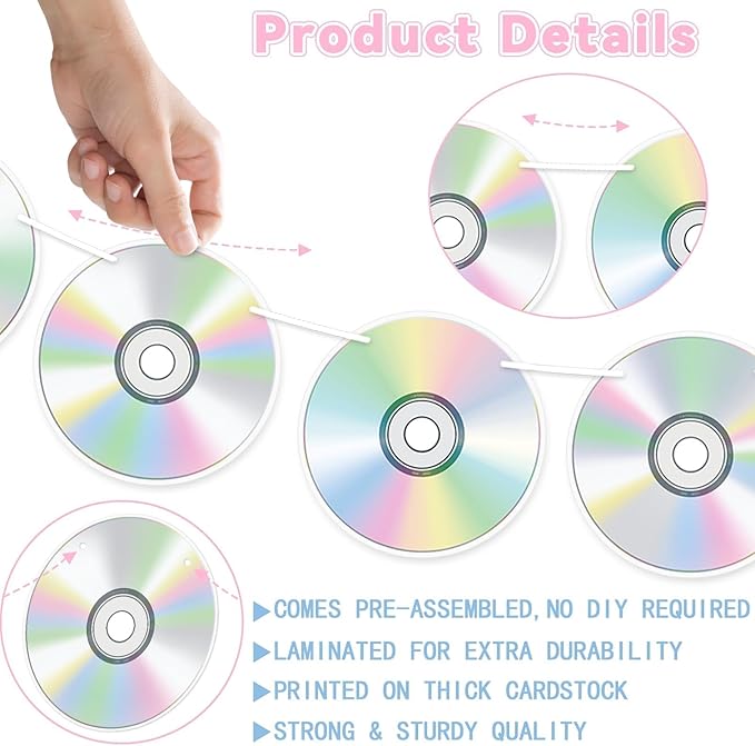 CHUNNIN 4pcs 90's Party Decorations CD Paper Banners Retro 90s Theme Disco Mix CD Hanging Garlands 1990s Music Party Wall Decor Sign Cutouts for 1990s 2000s Birthday Baby Shower Party Supplies Favors
