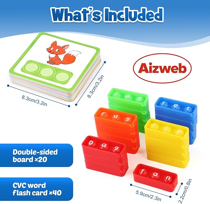 Aizweb CVC Word Games Kindergarten,Phonics Games for Kids Ages 3-8,CVC Pop its with Flash Cards for Preschool Special Education Classroom Supplies,Reading&Spelling Activity Manipulatives for Teachers