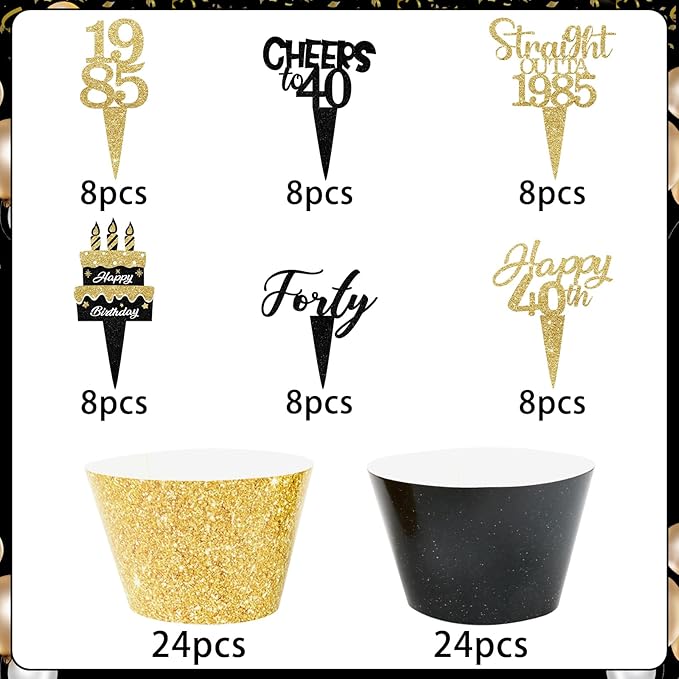 48 Pack Happy 40th Birthday Cupcake Toppers and Wrappers, Glitter Fabulous Vintage 1985 Cake Decor Cheers to 40 Year Cupcake Decorations for 40th Birthday Anniversary Party Supplies