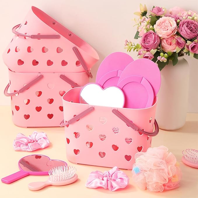 Pickmesh 8 Sets Spa Party Supplies Sleepover party with Pink Basket Heart Mirror Headband Satin Hair Scrunchies Hair Brush Loofah Disposable Slipper for Birthday Gift