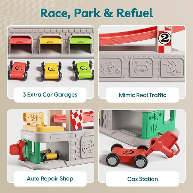 TOP BRIGHT Car Ramp Toys, Race Track Car Toy for Toddler Age 2-4 Year Old Boy with 4 Cars, Parking Lot & Gas Station, Toddler Montessori Toys and Birthday for Boys and Girls
