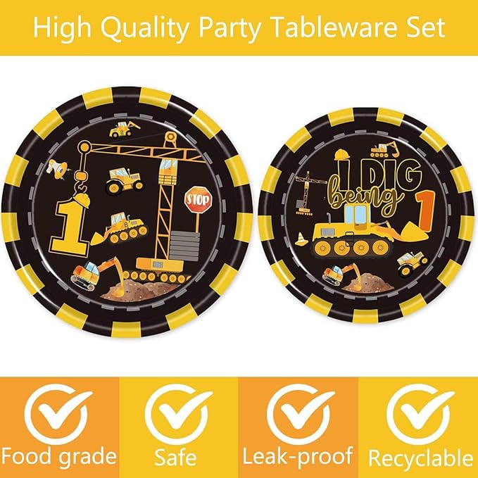 132 Pcs Construction 1st Birthday Party Supplies Dump Truck Theme One Tableware Includes Hanging Swirl, Banner, Plates, Cups, Tablecloth for Boys Im Digging Being 1 Birthday Party Decorations Favors