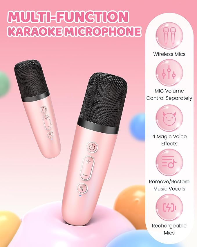 Upgraded Mini Karaoke Machine with 4 Wireless Microphones Toy for Kids, 2026 Top Birthday Gifts for Girls Boys, Portable MP3 Player for Ages 3, 4, 5, 6, 7, 8, 9, 10, 11, 12+ Year Old Party (P-Ink)
