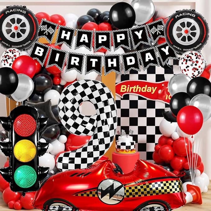 Race Car Birthday Party Decorations, with 40 Inch Number 9 Balloon, Happy Birthday Banner, Traffic Light and Foil Tire Balloon for 9th Car Themed Birthday Party Supplies