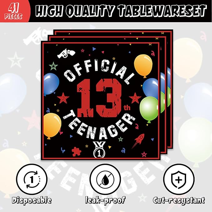 41pcs 13th Red and Black Birthday Party Supplies,include 20 Dessert Plates, 20 Napkin and 1pcs Tablecloth,Used for 13th Red and Black Party Decoration