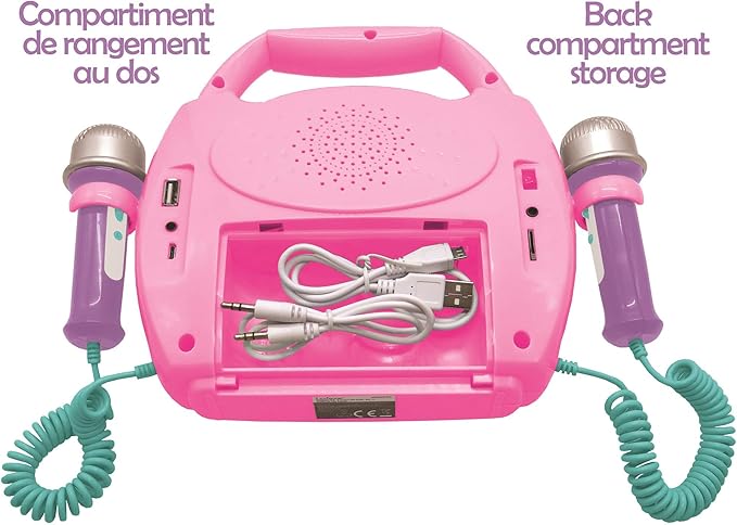 LEXiBOOK Unicorn - Portable Karaoke Digital Player for Kids – Microphones, Light Effects, Bluetooth, Record and Voice Changer Functions, Rechargeable Battery, Pink, MP320UNIZ