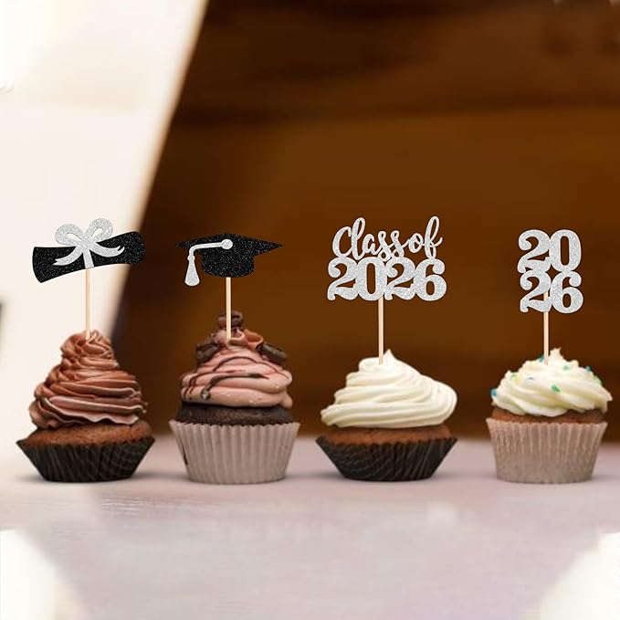 36 PCS 2026 Graduation Theme Cupcake Toppers Glitter Class of 2026 Grad Cap Diploma Cupcake Picks 2026 Graduation Theme Party Cake Decorations Supplies Silver