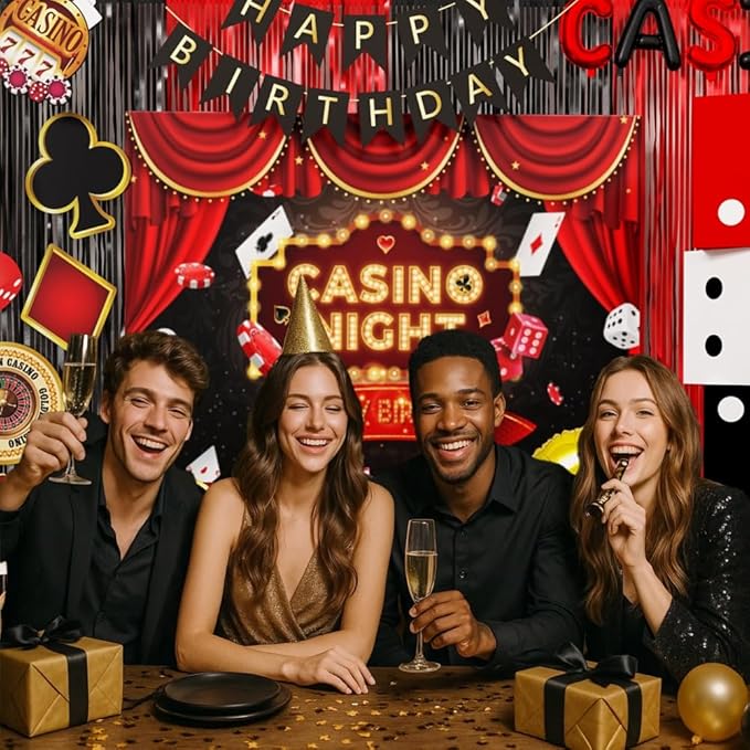 Casino Theme Party Decoration Las Vegas Birthday Party Dino Casino Night Poker Party Supplies Set for Adults Include Balloon Garland Kit, Casino Backdrop, Cake Toppers, Gold Curtain and Foil Balloons