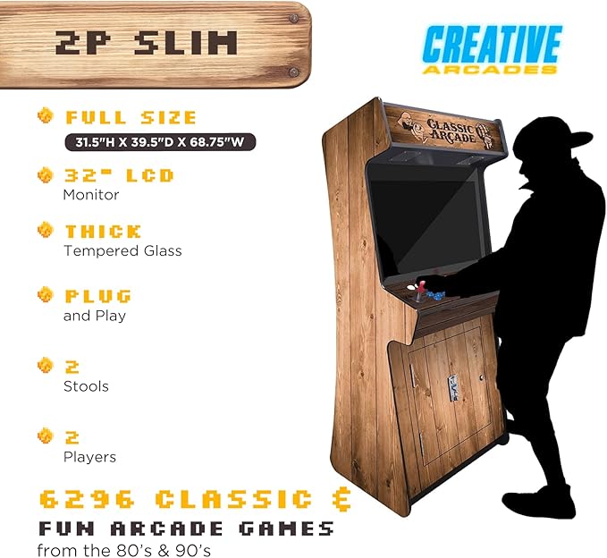Creative Arcades Full-Size Commercial Grade Cabinet Arcade Machines | Stools Included | Slim Woodgrain Edition | 32" Screen (6296 Games (2-Player), Light Pine)