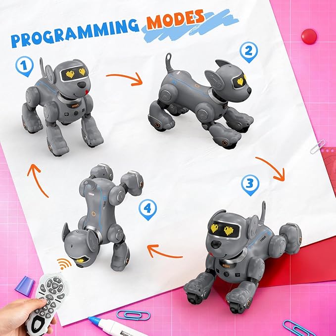 PRANITE Robot Dog, Programmable Remote Control Dog Toy for Kids with One-Key Following, Voice Control, Touch, Dance, Sing, Smart RC Stunt Puppy Toy Gift for Boys Girls (Gray)