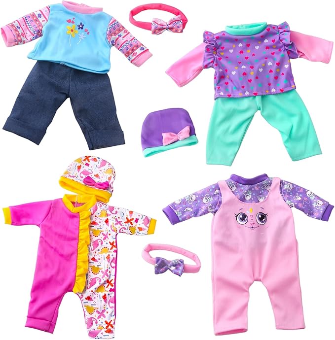 Baby Doll Clothes and Accessories 4 Sets Outfits for 14-18 Inch Dolls, 9 Pcs Dresses for 43cm New Born Baby Dolls Including Doll Dress, Headbands, Top and Pants
