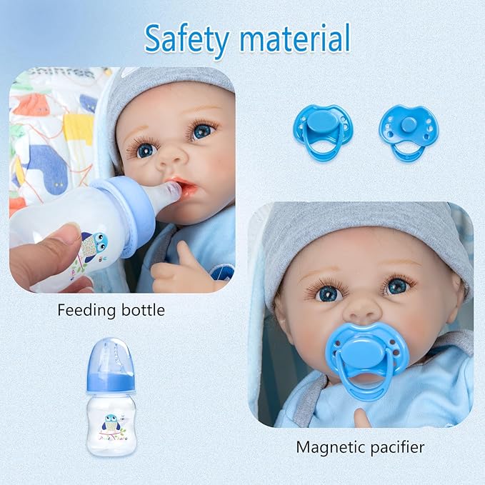 PEDOLLTREE Reborn Baby Dolls Clothes Boy Blue Dog Outfit Accessories 13 Pcs for 17-22 Inches Reborn Doll Newborn Boy with Blue Dot Bassinet