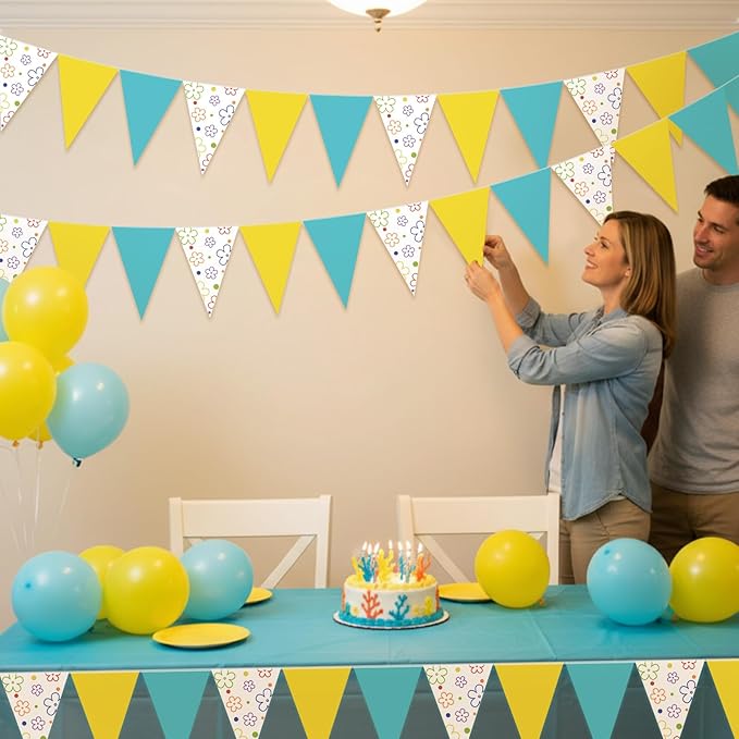 Jetec 5 Pack 49 ft Cartoon Sponge Theme Pennant Banner, Triangle Flags Bunting Garland, Birthday Party Decorations, Baby Shower Supplies, Outdoor Indoor Cartoon Theme Banner Sponge Decor
