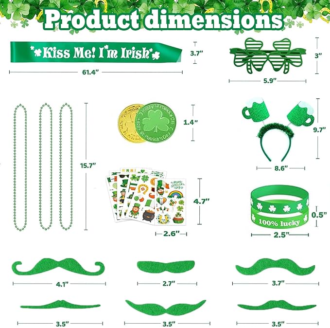 LSCQYYCC- St. Patrick's Day party gift set, including shamrock glasses, soft rubber bracelets, beaded chains, mustaches, hair bands, and Irish-themed party supplies with themed stickers