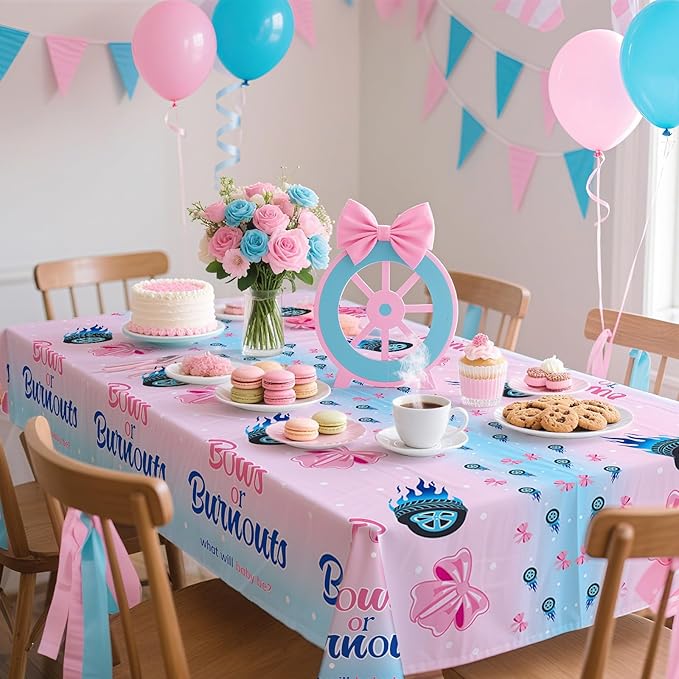 Grencian 3Pcs Burnouts or Bows Gender Reveal Tablecloth Boy or Girl Table Cover Plastic Rectangle He or She Table Cloth Party Decorations for Gender Reveal Baby Shower Party Supplies 54" x 107"