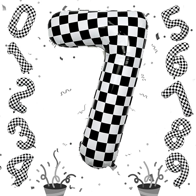 Number 7 Balloon for Boys, Giant Checkered Self Inflating Number 0-9 Set Decor for Girls, 40 Inch Foil Helium Black and White Racing 7 Balloon for 7th Birthday Race Car Flag Party Decoration Supplies
