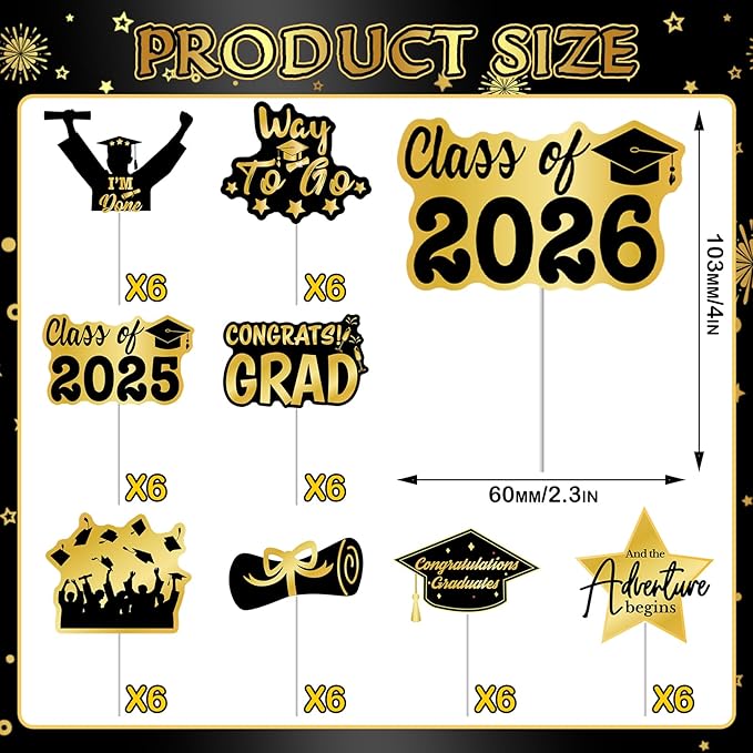 2026 Graduation Cupcake Toppers - 48 Pcs Black Gold Graduation Party Supplies Mini Cake Food/Appetizer Picks For Class of 2026 Graduation Decorations