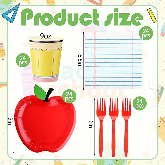 Bokon 96 Pcs/24 Set Preschool Graduation Decoration Apple Paper Plate Napkin and Cup First Day of School Party Supply Disposable Tableware for Teacher Kindergarten Graduation Back to School Party