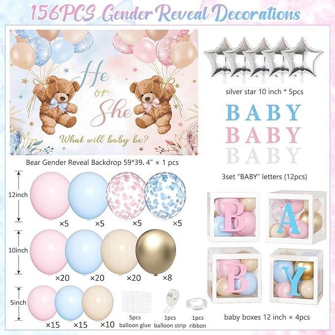 Bear Gender Reveal Balloon Boxes Decorations - 158pcs Pink Blue Balloon Garland Kit, 4pcs Baby Box With Letters, Backdrop for Baby Shower, Boy or Girl Party Supplies