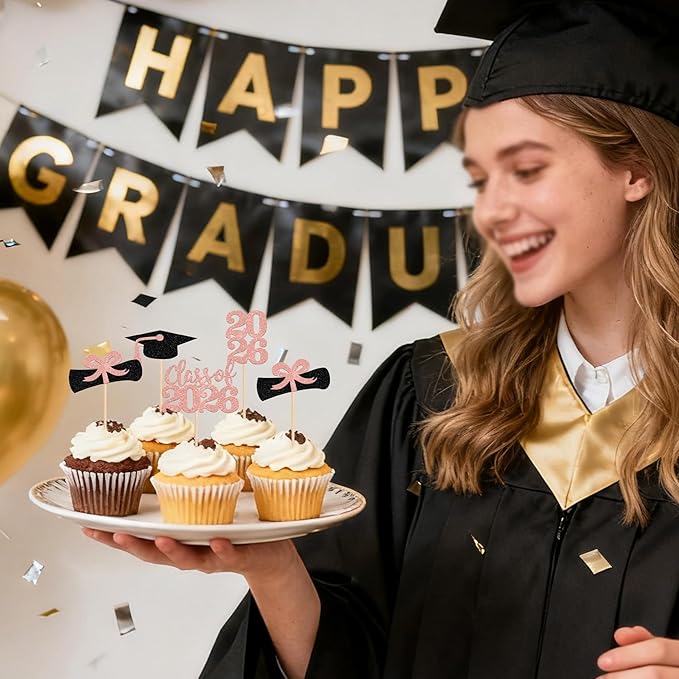 36 PCS 2026 Graduation Theme Cupcake Toppers Glitter Class of 2026 Grad Cap Diploma Cupcake Picks 2026 Graduation Theme Party Cake Decorations Supplies Rose Gold