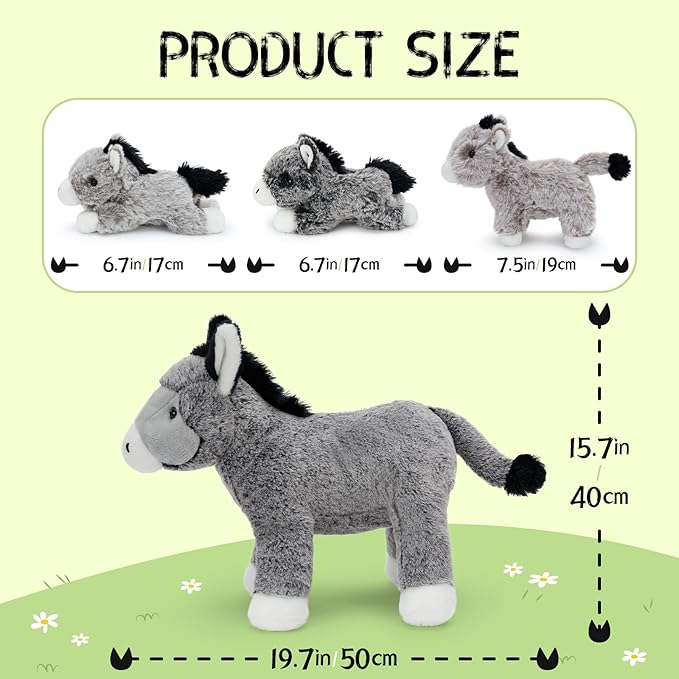 4Pcs Donkey Stuffed Animal Plush, Large Donkey Mommy 20“ with 3 Babies Inside - Unzip The Belly to Reveal Surprise Plush Toy - Family Role Play Gift Set for Kids, Boys & Girls